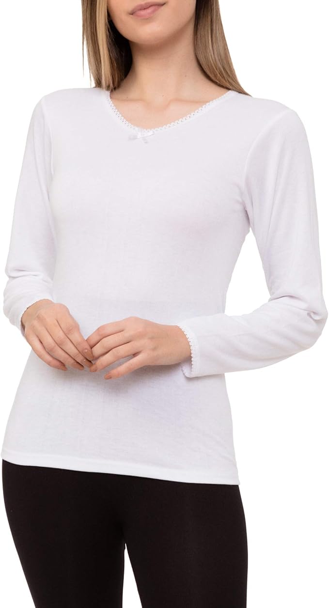 Channo Camiseta Interior Térmica Algodón Manga Larga Mujer Cuello de Pico Color Liso