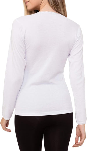 Channo Camiseta Interior Térmica Algodón Manga Larga Mujer Cuello de Pico Color Liso