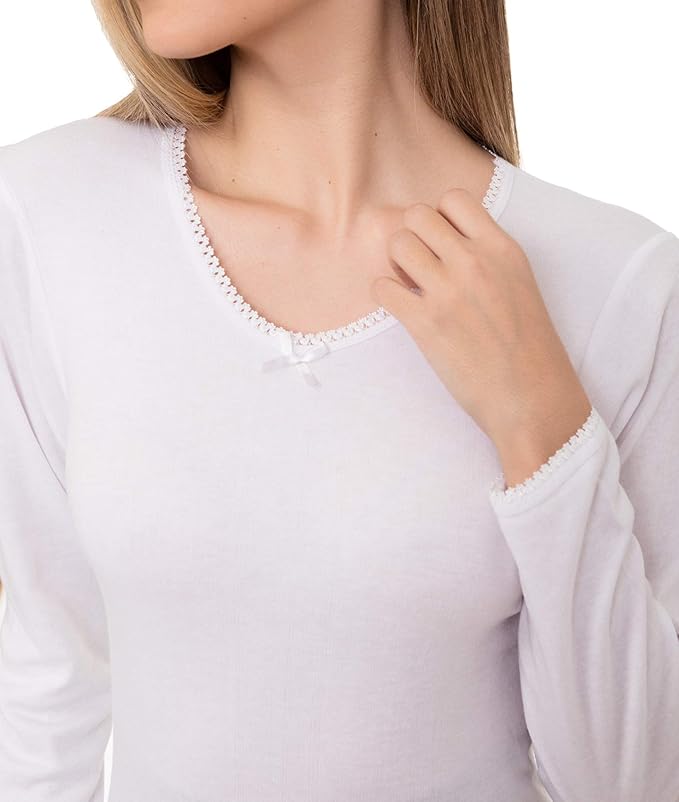 Channo Camiseta Interior Térmica Algodón Manga Larga Mujer Cuello de Pico Color Liso