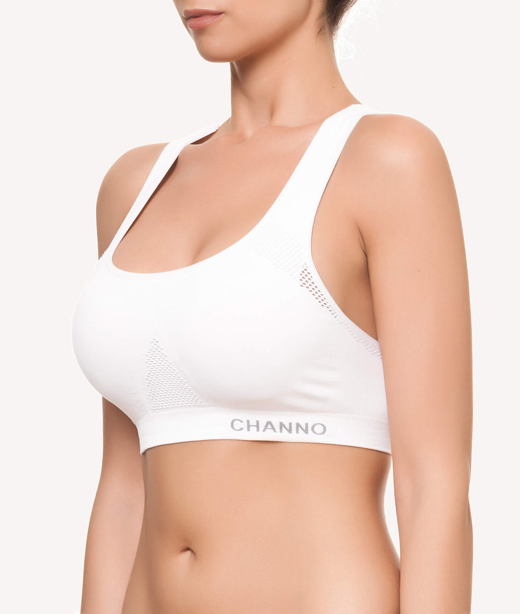 Sujetador deportivo para mujer cuello redondo blanco lateral - CHANNO Woman